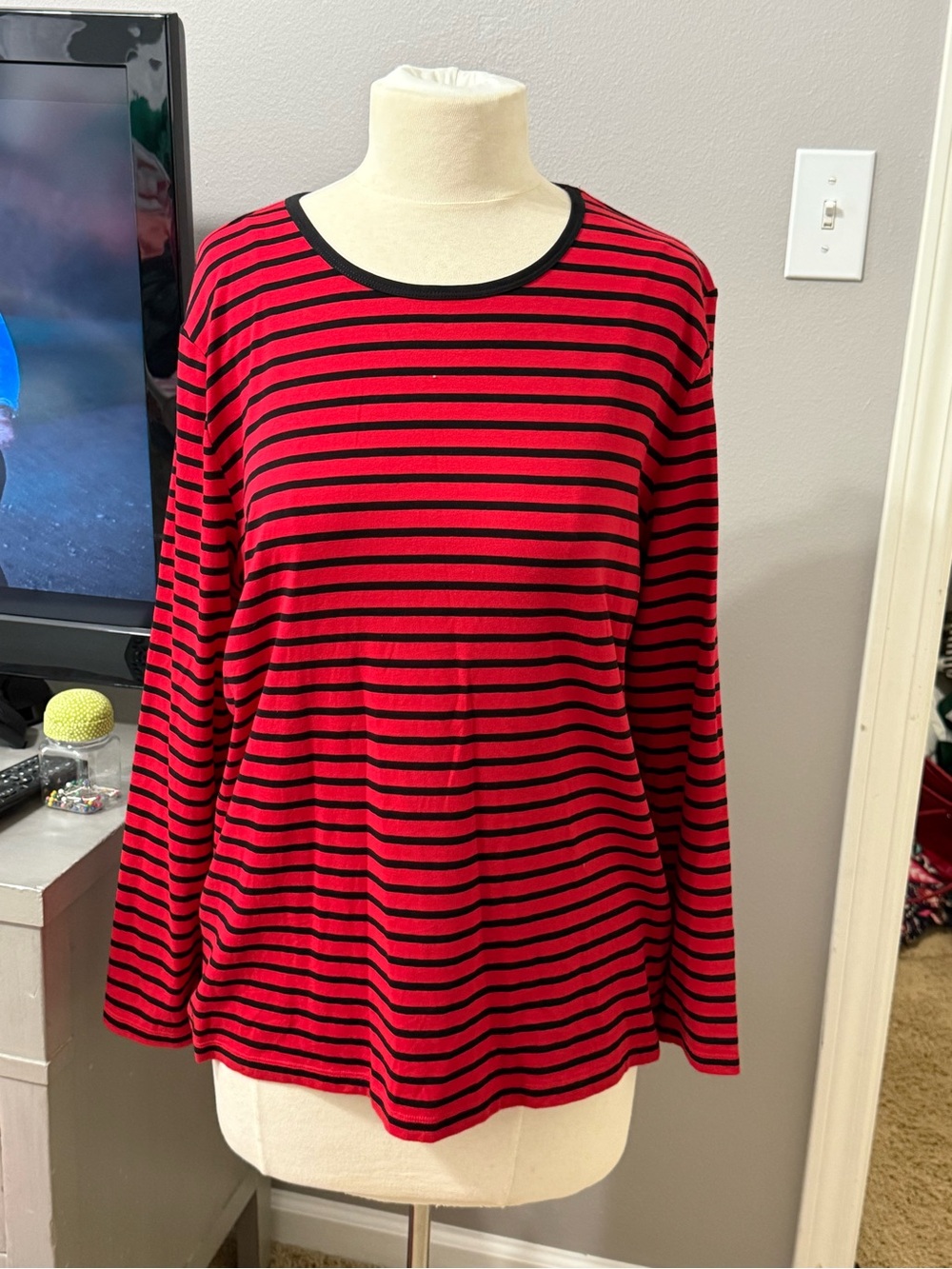 Lauren Ralph Lauren 2X Red Black Striped Long Sleeve Top Plus Size